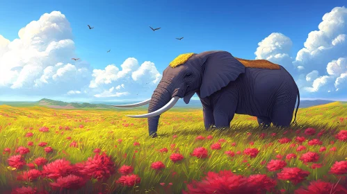 Elephant in a Lush Meadow Landscape