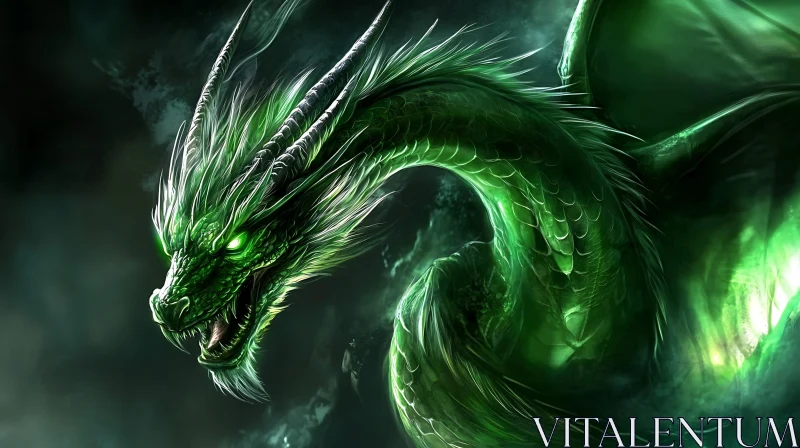 Green Dragon with Glowing Eyes AI Image