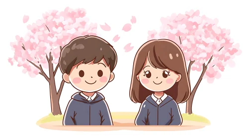 Cartoon Kids with Cherry Blossoms