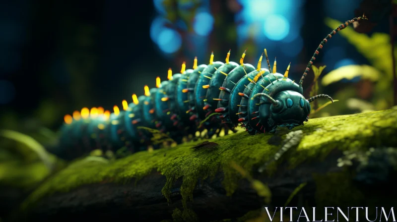 AI ART Fantasy Realism: Blue Caterpillar's Adventure in a Mossy Forest