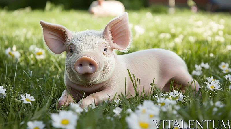 Piglet Resting on Grass Surrounded by Daisies AI Image