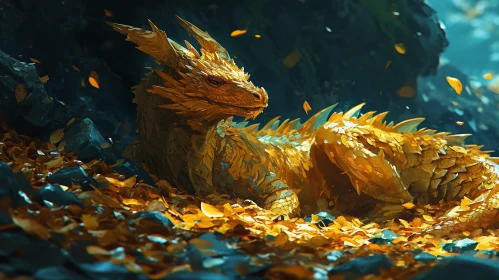 Golden Dragon in Autumn Leaves - Captivating Digital Painting