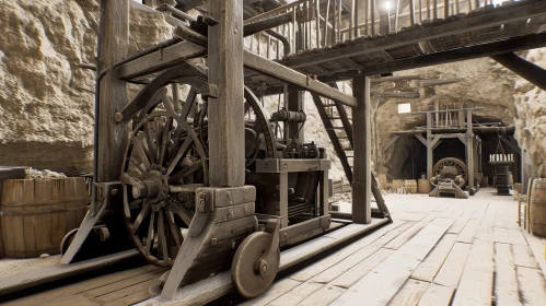 Historical Mining Site with Wooden Wheel and Waterwheel