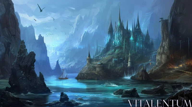 Majestic Fantasy Castle on Cliff | Digital Painting AI Image