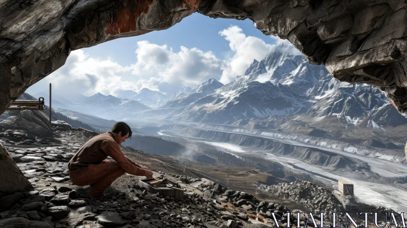 Man in Cave: Breathtaking Mountain Landscape with River AI Image