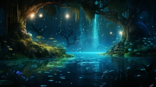 Mystical Night in a Forest: Enchanting Water and Land Fusion