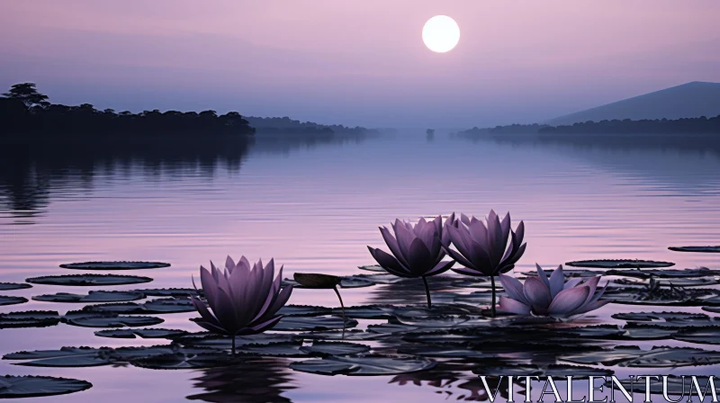 Serene Lake with Floating Water Lilies under a Purple Sky AI Image