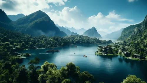 Serene Lake with Majestic Mountains and Cityscape | Asian-Inspired Composition