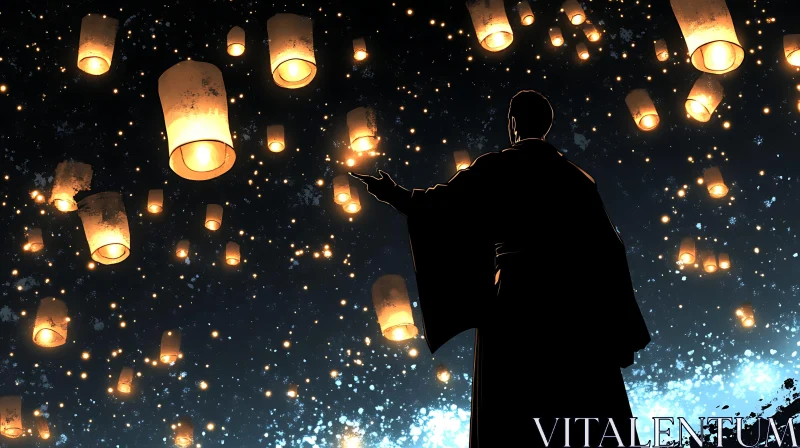 AI ART Man and Floating Lanterns at Night