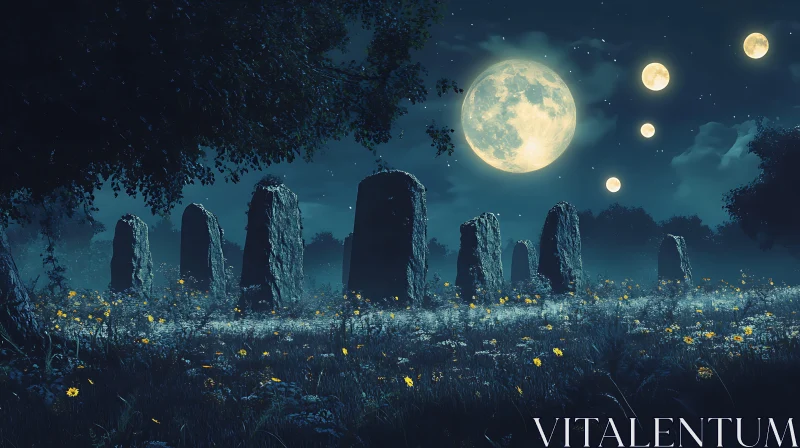 AI ART Standing Stones in Moonlight Field