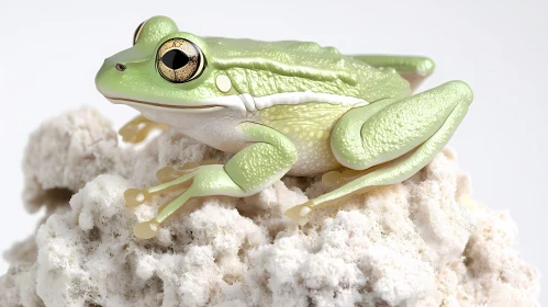 Green Frog Resting on White Lichen