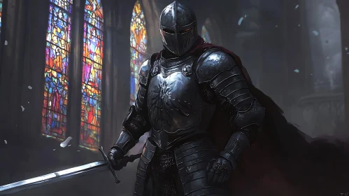 Medieval Knight with Sword in Cathedral