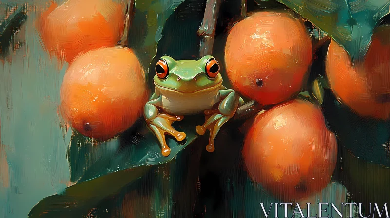 Frog on Orange Branch Art AI Image