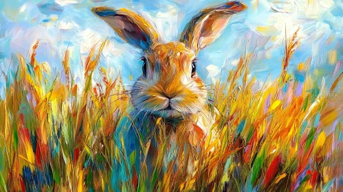 Colorful Bunny Art in Tall Grasses