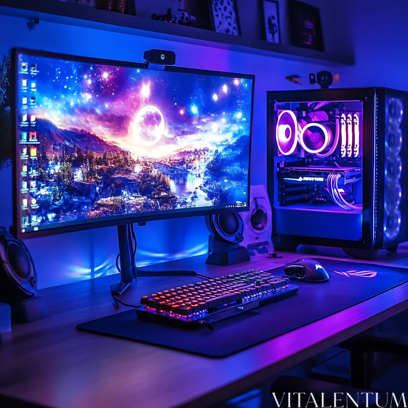 Immersive Gaming Desk with Neon-Lit PC and Monitor AI Image