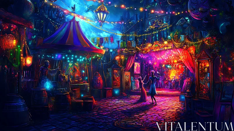 Festive Night Market Scene with Lights AI Image