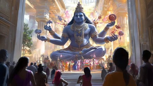 Blue Deity Overlooking Crowd