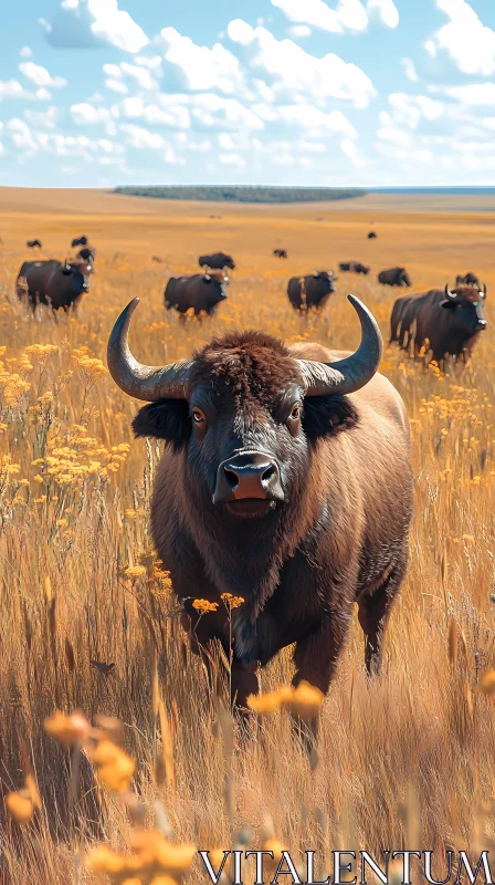 Herd of Buffalo in Serene Landscape AI Image