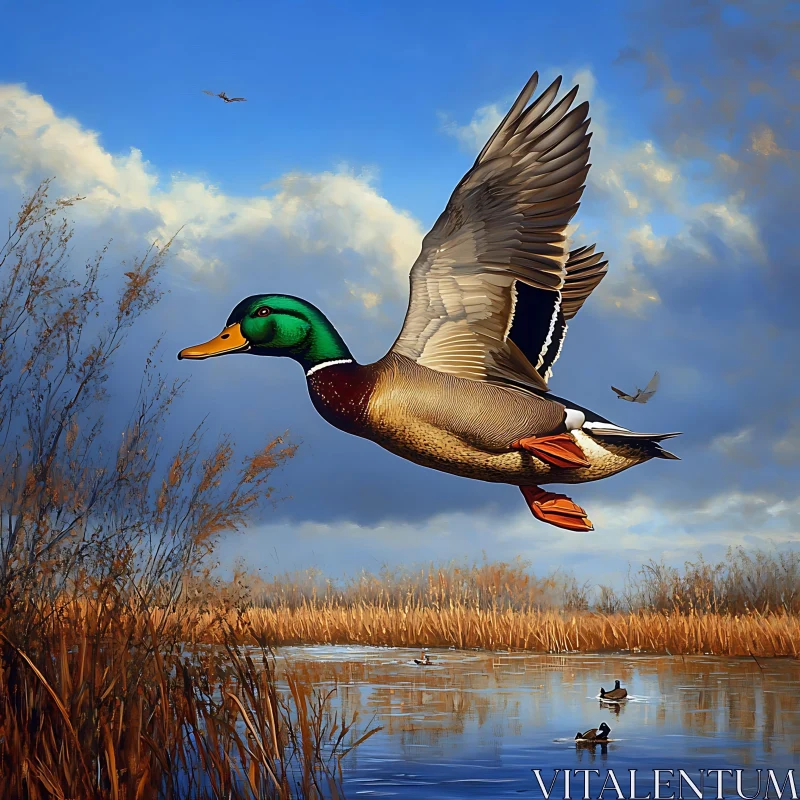 Duck Flying Over a Calm Lake AI Image