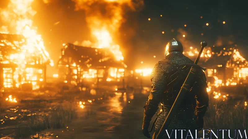 AI ART Medieval Warrior in Burning Village