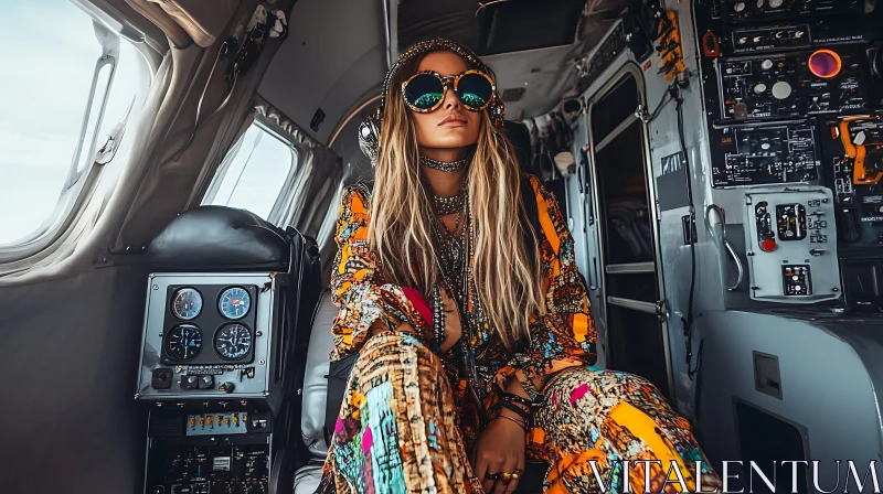 Boho Fashion in Aircraft Cockpit AI Image