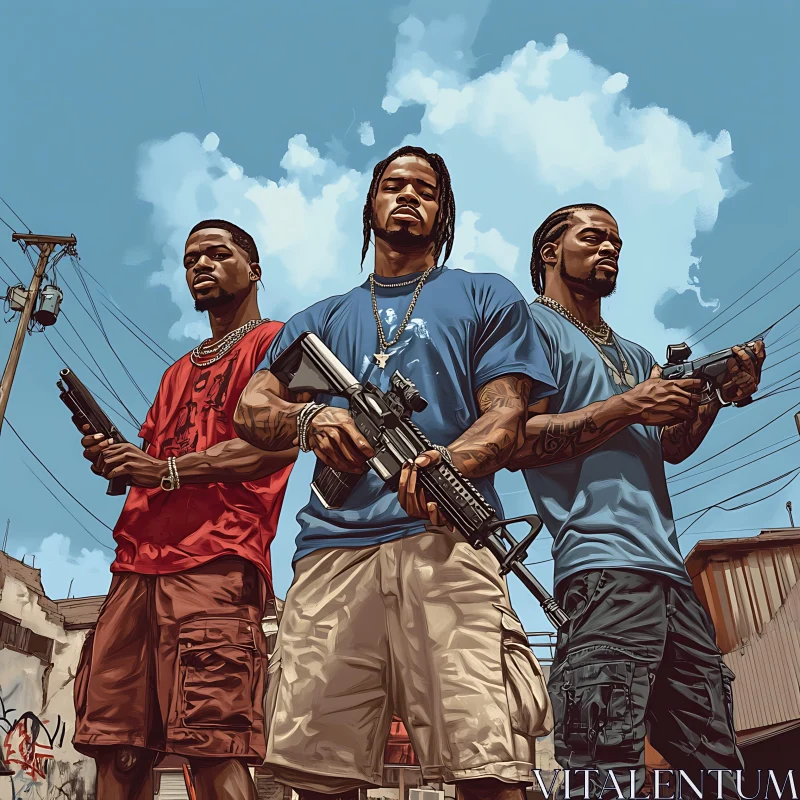 AI ART Urban Vigilance: Armed Trio Image