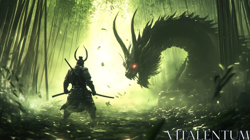 Warrior Confronts Dragon in Misty Woods AI Image