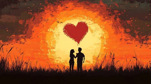 Sunset Love: Silhouette of Couple with Heart