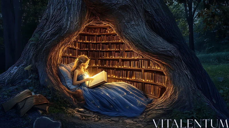 AI ART Girl Reading in Magical Tree Library