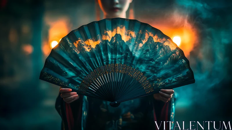 Oriental Fan with Mountain View AI Image