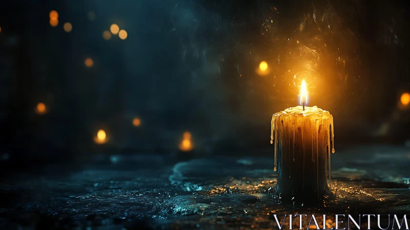 Single Candle Burning in Dark Room AI Image