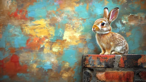 Colorful Rabbit Scene with Brick Wall