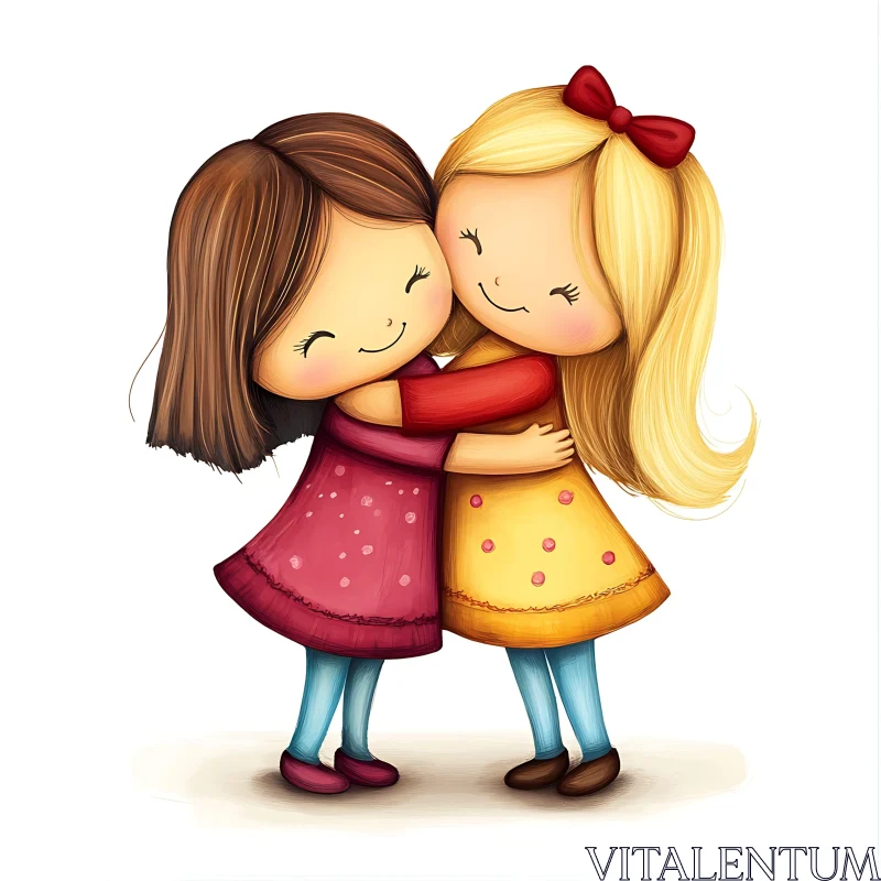 Two Cartoon Girls Hugging Illustration AI Image