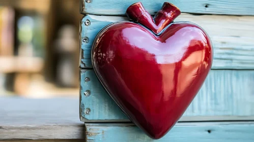Red Heart Against Blue Wood