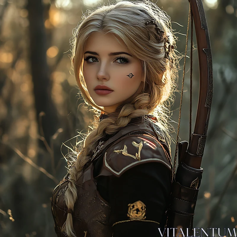 AI ART Female Archer with Bow in Woodland