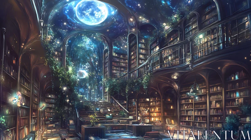 AI ART Magical Library with Books and Nature