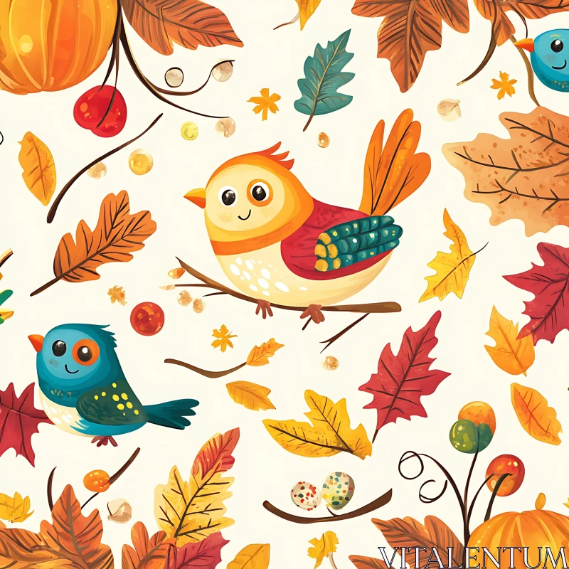 Cute Birds and Autumnal Elements Design AI Image