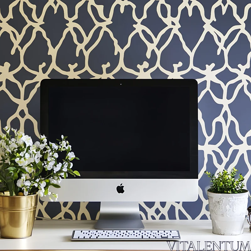 Minimalist Office Decor with Stylish Computer and Potted Plants AI Image