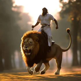 Man astride a lion in motion