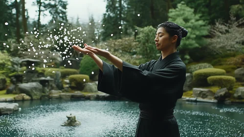 Woman in Garden Releasing Petals