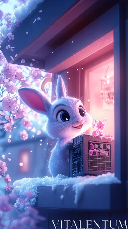 Charming Bunny with Cherry Blossoms AI Image