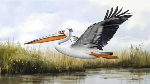 Pelican Flying Above Marshland