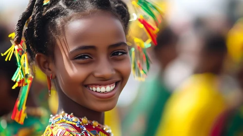 Smiling Girl with Braids and Ribbons