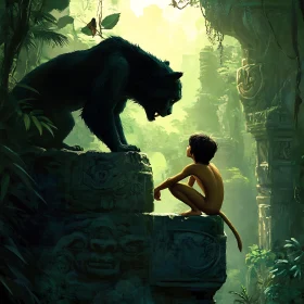 Boy and Panther in Ancient Jungle Ruins