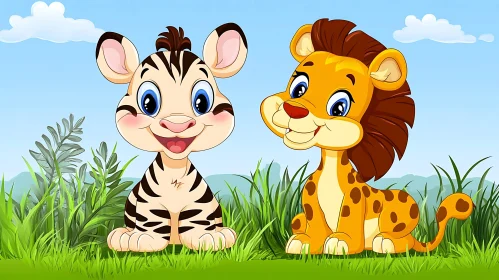 Playful Zebra and Lion Cartoon in Nature