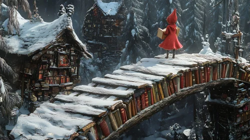 Girl on a Book Bridge in Winter