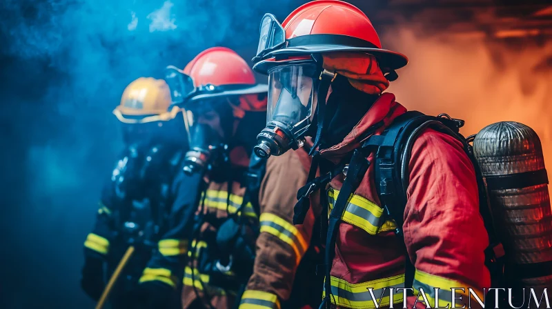 Brave Firefighters Gear Up in Smoky Environment AI Image