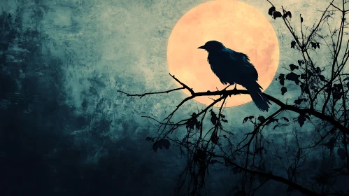 Night Bird on Branch with Moon