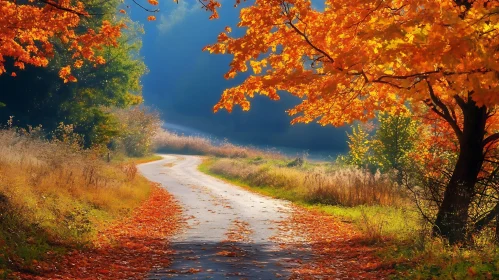 Autumnal Road Landscape with Colorful Foliage