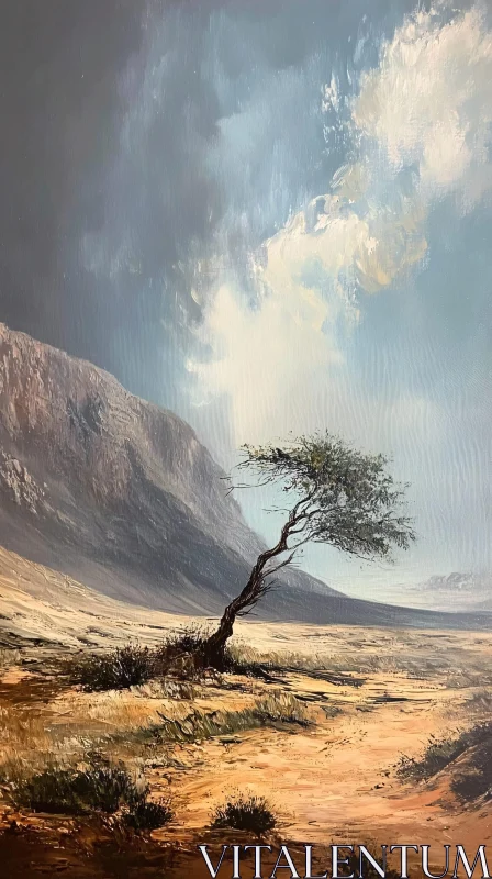 AI ART Tree Against Mountain and Desert Landscape